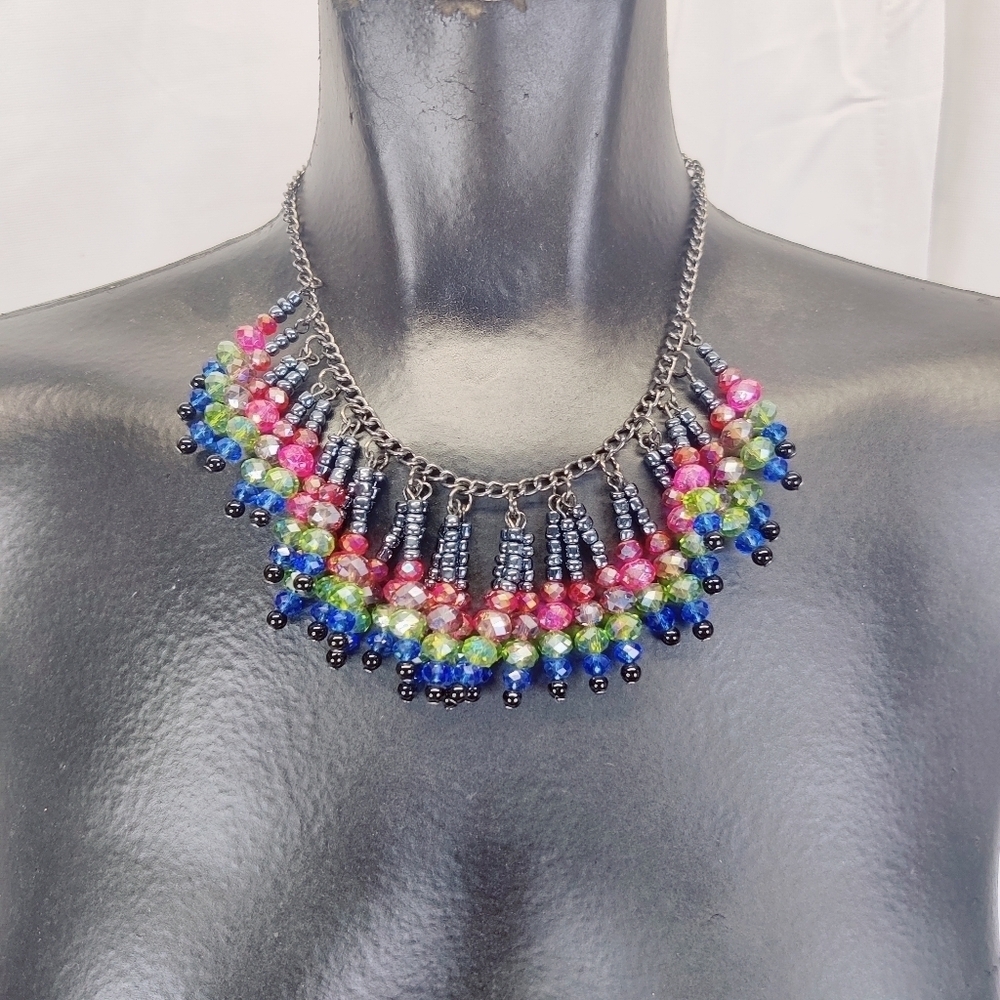 Colorful Faceted Crystal Bib Necklace 16–19” | Multicolor Beaded Chain Statement